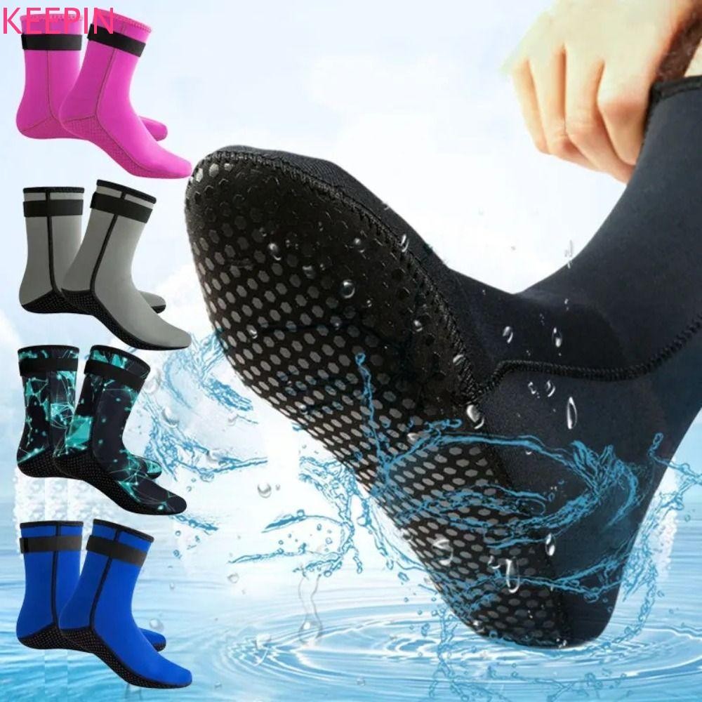 Keepin ถุงเท้าดําน้ํา Neoprene, 3 มม.ลื่นว่ายน้ําถุงเท้าดําน้ําดูปะการัง,รองเท้าชุดดําน้ําอุ่นทรายหลักฐานชายหาดถุงน้ําฟิตเนส