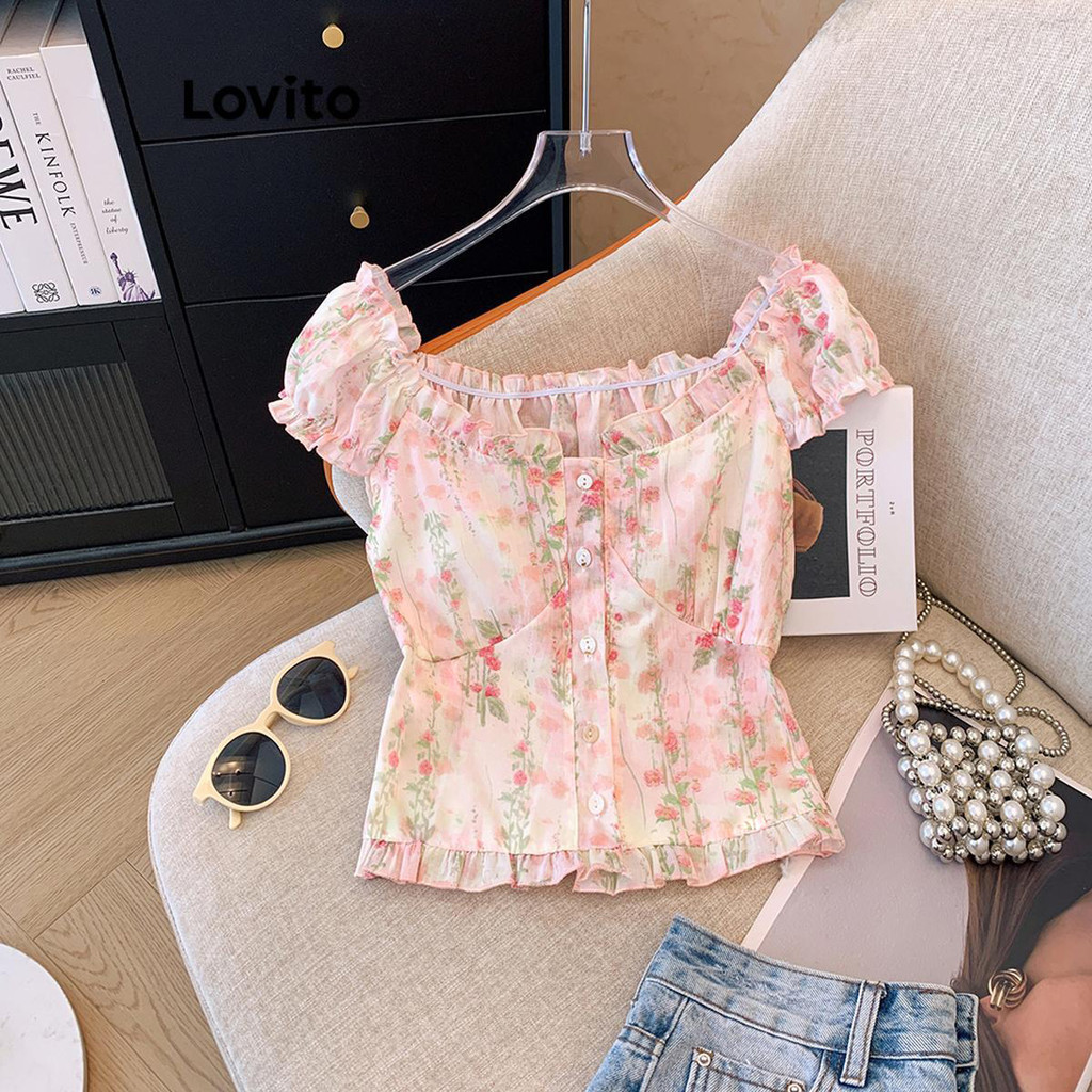 Lovito เสื้อเบสิคลายดอกไม้ ดิทซี่ ลำลองสำหรับผู้หญิง LNM75096