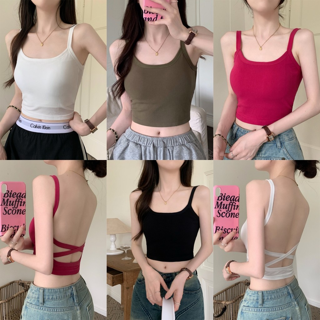 Soroh เสื้อสายเดี่ยว มีฟองน้ำ ผ้ายืด เปิดหลัง ผ้านิ่ม สีทึบ เข้ารูป เสื้อครอป เเฟชั่น สไตล์ลำลอง มินิมอล #FY5741