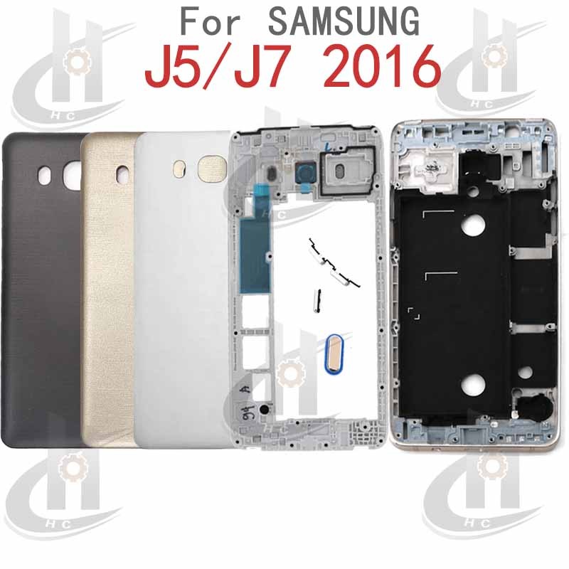 สําหรับ Samsung Galaxy J5 J7 2016 J510 J710 แบตเตอรี่ฝาหลังกรอบกลาง + ปุ่ม + กรอบด้านหน้า LCD + เลนส