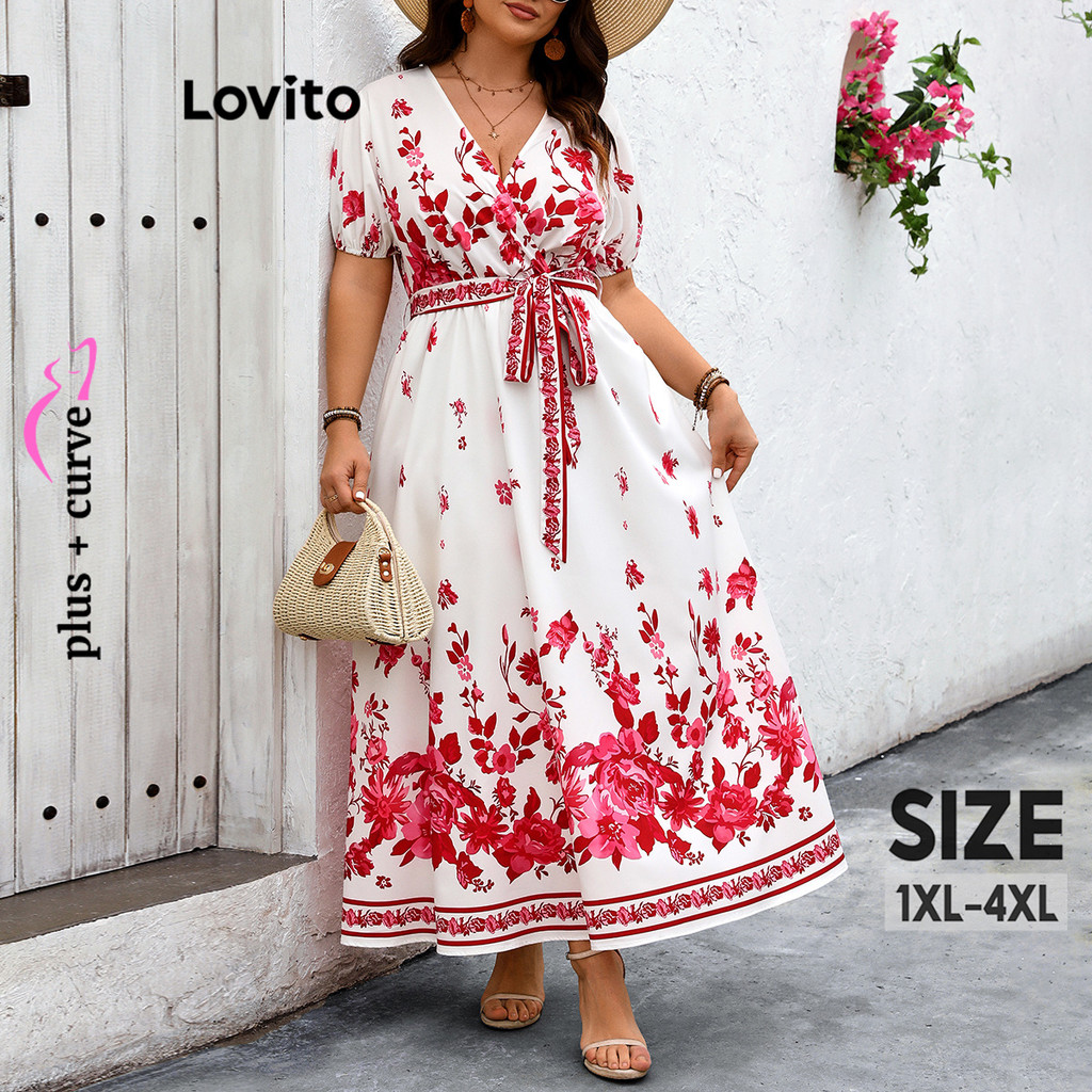 Lovito เดรสสาวอวบ พิมพ์ลายดอกไม้ สไตล์หรูหรา LNL67153