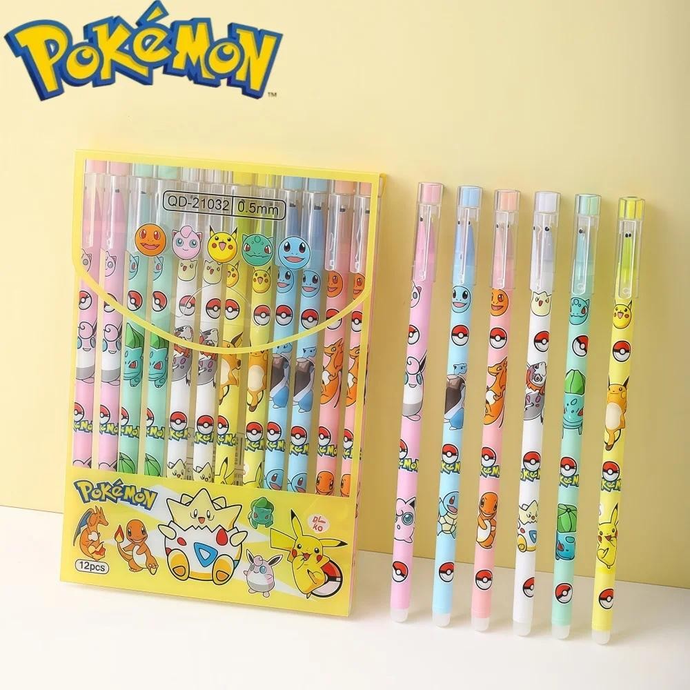 Kawaii 12 ชิ้น Pokemon Pikachu Erasable ปากกา Neutral Gel ปากกาการ์ตูนสีดําหมึกน้ํา 0.5 มม.ปากกาเครื่องเขียนนักเรียน Brithday ของขวัญ