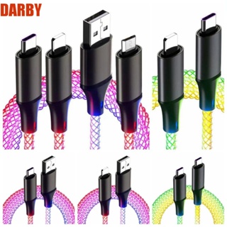 Darby สายชาร์จโทรศัพท์มือถือ RGB เรืองแสง 66W 6A Type C Micro USB USB 3 IN 1 ชาร์จเร็ว หลากสี