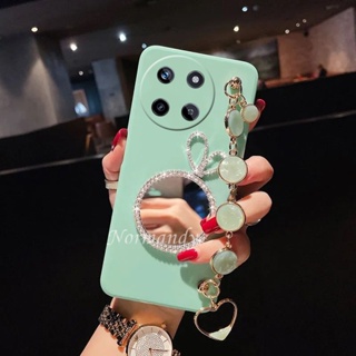 เคสโทรศัพท์มือถือซิลิโคน TPU นิ่ม แบบป้องกัน ประดับเพชร พร้อมกระจกแต่งหน้า และสายคล้องไข่มุก สําหรับ Realme11 Pro Pro+ Realme C51 NFC 4G 5G