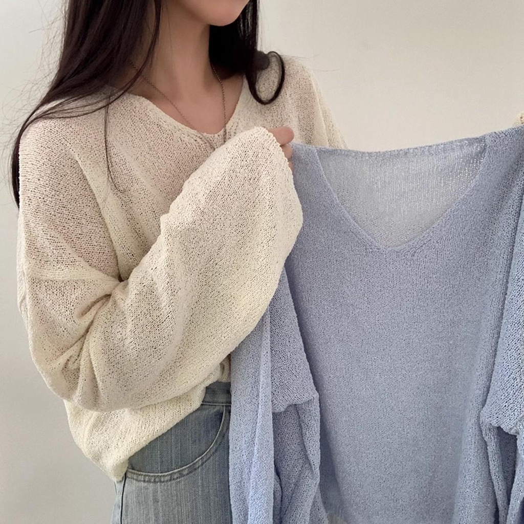 KOKO 2941❤️พร้อมส่ง*ใหม่ เสื้อไหมพรมแขนยาว สไตล์เกาหลีสเวตเตอร์คอวี แฟชั่น ประเภทหลวม เสื้อครอปเสื้อยืดสวยๆผู้หญิง สีทึบ