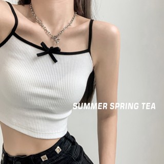 เสื้อครอปท็อป ตัวสั้น ผ้าถัก ประดับโบว์ สไตล์ฝรั่งเศส เหมาะกับฤดูใบไม้ผลิ ฤดูร้อน สําหรับผู้หญิง 4MUL