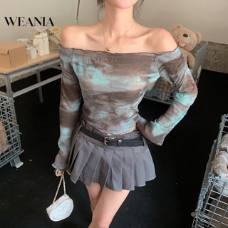 Weania เสื้อยืด เปิดไหล่ ผ้าตาข่าย แบบบาง พิมพ์ลายมัดย้อม แฟชั่นฤดูใบไม้ร่วง สําหรับผู้หญิง