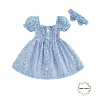 Babyclothes-ชุดเดรส ทรงเอ แขนสั้น ปักลายน่ารัก พร้อมที่คาดผม แฟชั่นฤดูร้อน สําหรับเด็กผู้หญิง