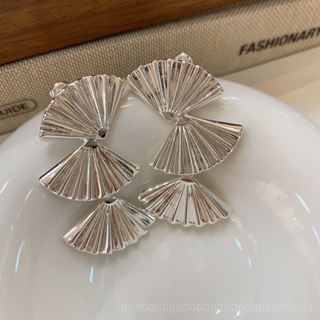 0911YWLY [Fan Painting Shanwu] Cold Style French New Chinese Ethnic Style Silver Fan-Shaped Long Hairpin Earrings for Women Light luxury  Gift  Retro Niche  N9AM