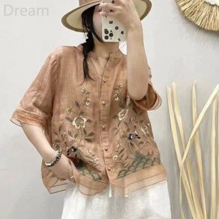 Retro style heavy industry embroidered high-end shirt Womens loose meat-covering new Chinese short-sleeved shirt