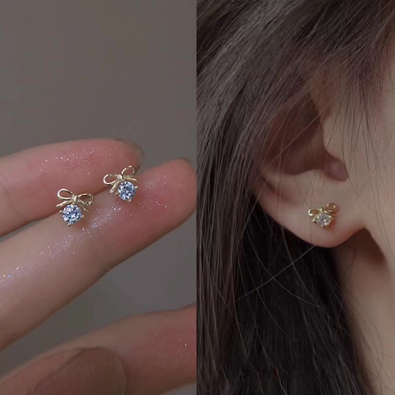 ต่างหูสตั๊ด ประดับโบว์คริสตัล ขนาดเล็ก สีทอง เครื่องประดับ สไตล์เกาหลี ของขวัญสําหรับผู้หญิง