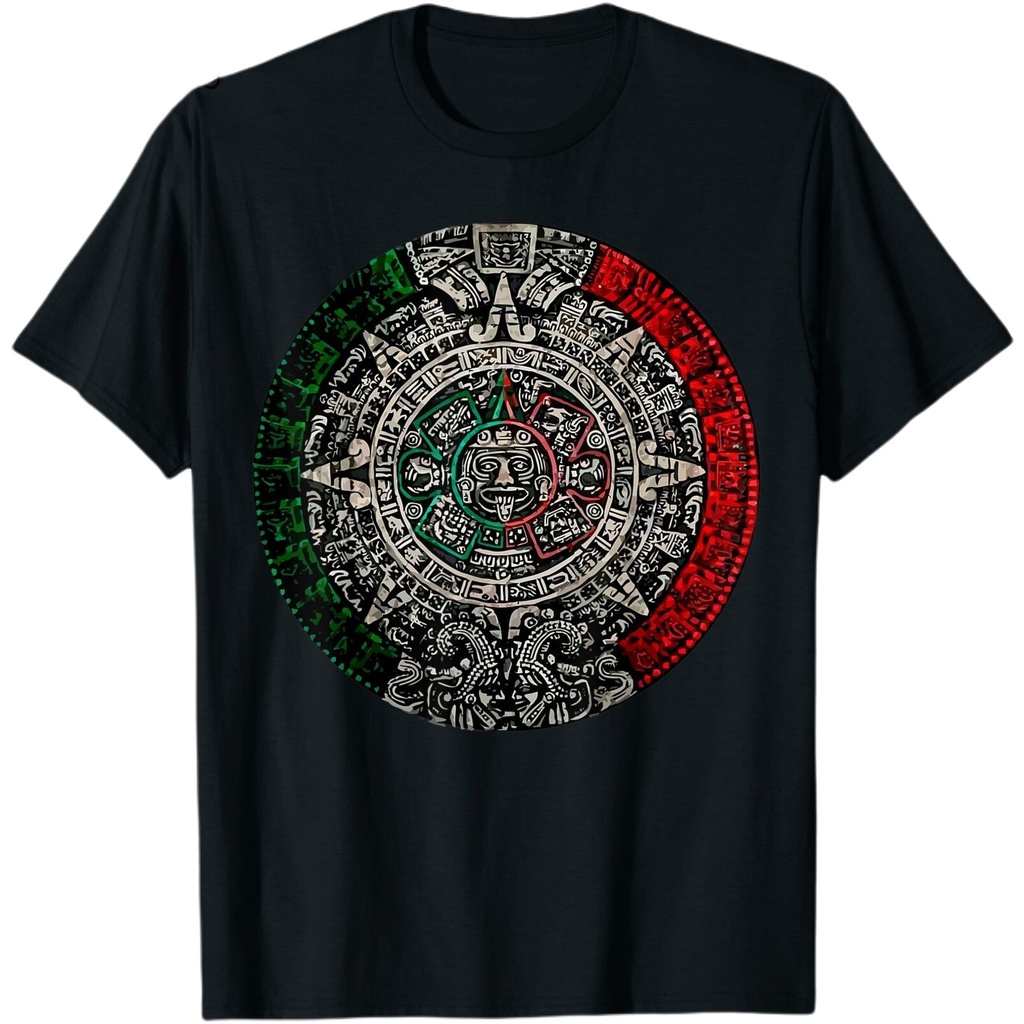พร้อมส่ง [S-5XL]ใหม่ เสื้อยืดลําลอง แขนสั้น พิมพ์ลายปฏิทิน Aztec Sun Stone Mexican Maya Mayans DIY ส