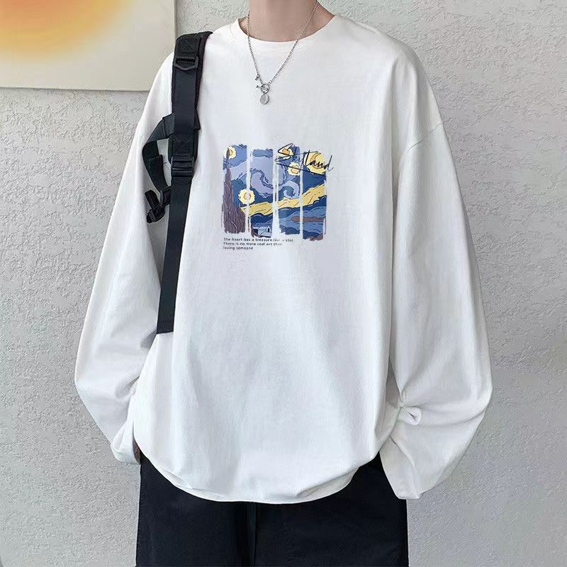 【M-8XL 】เสื้อยืดลําลอง แขนยาว คอกลม ผ้าฝ้าย พิมพ์ลาย ทรงหลวม สีพื้น สไตล์เกาหลี สําหรับผู้ชาย