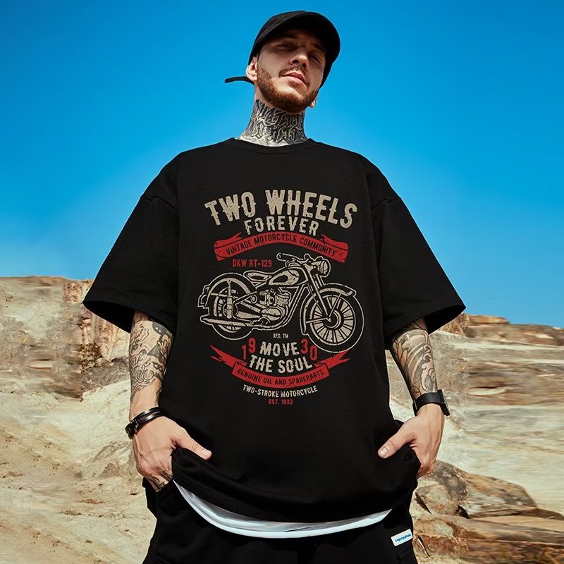 【M-8XL 】 อเมริกันย ้ อนยุครถจักรยานยนต ์ เสื ้ อยืดแขนสั ้ นฤดูร ้ อนใหม ่ ผู ้ ชายขนาดใหญ ่ เสื ้ อแขนสั ้ นอินเทรนด ์ แบรนด ์ ขนาดใหญ ่ หลวมเสื ้ อยืด