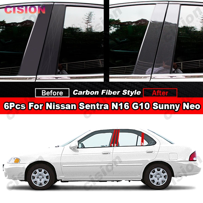 สติกเกอร์คาร์บอนไฟเบอร์ สีดําเงา สําหรับติดเสาประตูหน้าต่างรถยนต์ Nissan Sentra N16 G10 Sunny Neo Piano 6 ชิ้น