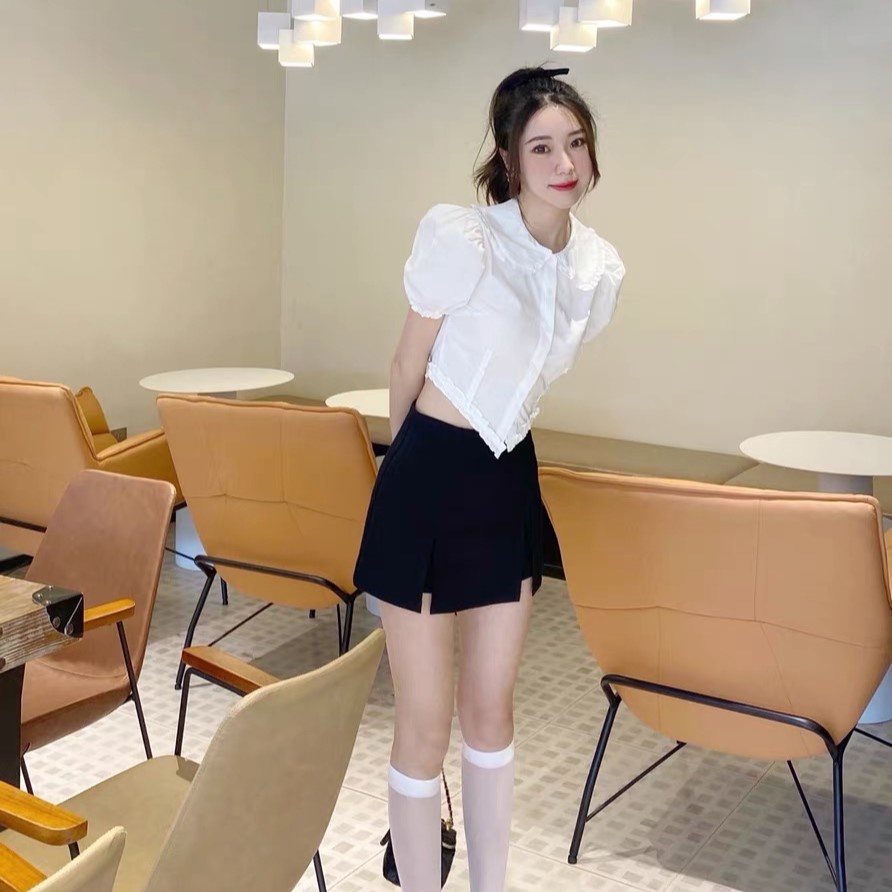 เสื้อเชิ้ตแขนพัฟ คอตุ๊กตา แขนสั้น สีขาว สไตล์ฝรั่งเศส วินเทจ เหมาะกับฤดูร้อน แบบใหม่ สําหรับผู้หญิง