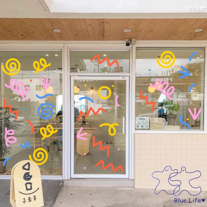 Ins สติกเกอร์ ลายเส้น วาดมือ สไตล์เกาหลี สร้างสรรค์ สําหรับติดตกแต่งกระจก หน้าต่าง ประตู ชานม กาแฟ