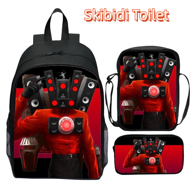 พิมพ์ Skibidi Toilet ห้องน้ำสามชิ้นชุดกระเป๋านักเรียนเด็กการ์ตูนกระเป๋าสะพายคู่สำหรับผู้หญิงและผู้ชาย