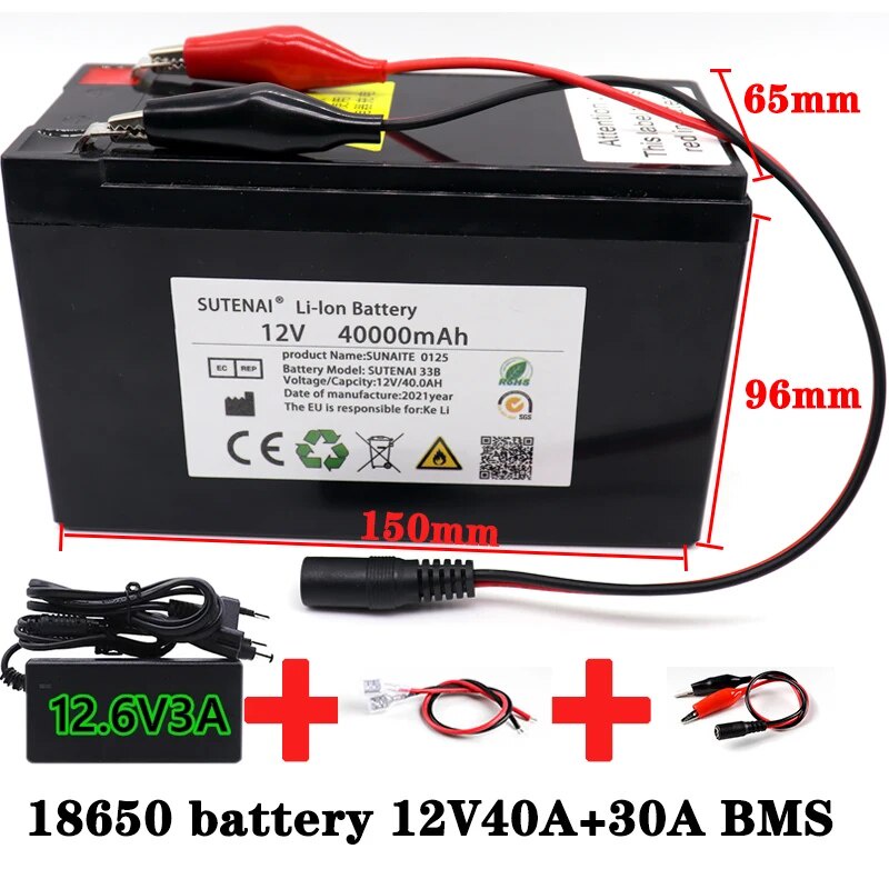 New 12V 40ah 18650 Lithium Battery Pack Built-in High Current 30A BMS for Sprayer Electric Car Battery 12.6V Char