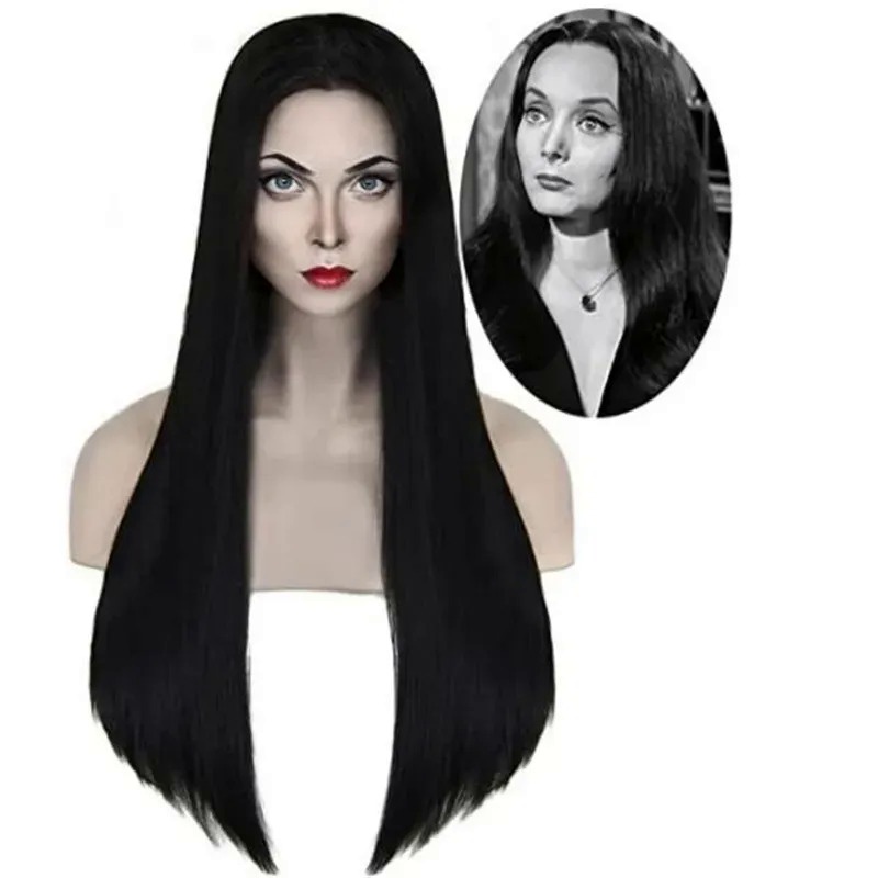 Addams ครอบครัว คอสเพลย์ วิกผม Morticia Wendesday วิกผมยาวตรง สีดํา ทนความร้อน สังเคราะห์ ปาร์ตี้ฮาโ