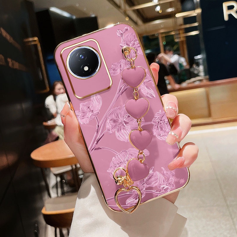 Ybd เคสโทรศัพท์มือถือ ลายดอกไม้ พร้อมสร้อยข้อมือ สไตล์เกาหลี สําหรับ Vivo Y02 Y02A Y02T V2254