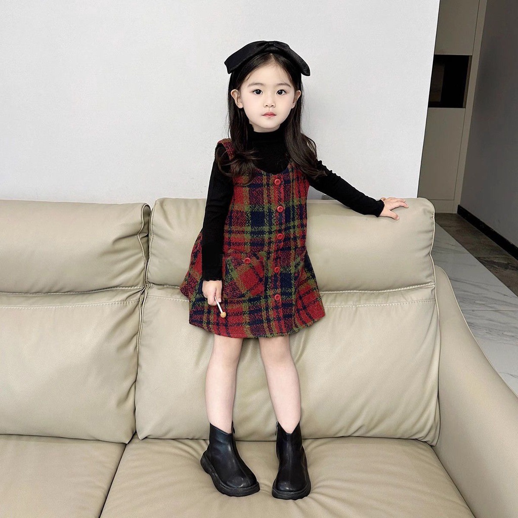 [Aria] ชุดเสื้อสูทกระโปรง ผ้าวูล ลายสก๊อต ขนาดเล็ก แฟชั่นฤดูใบไม้ร่วง และฤดูหนาว สําหรับเด็กผู้หญิง 2024