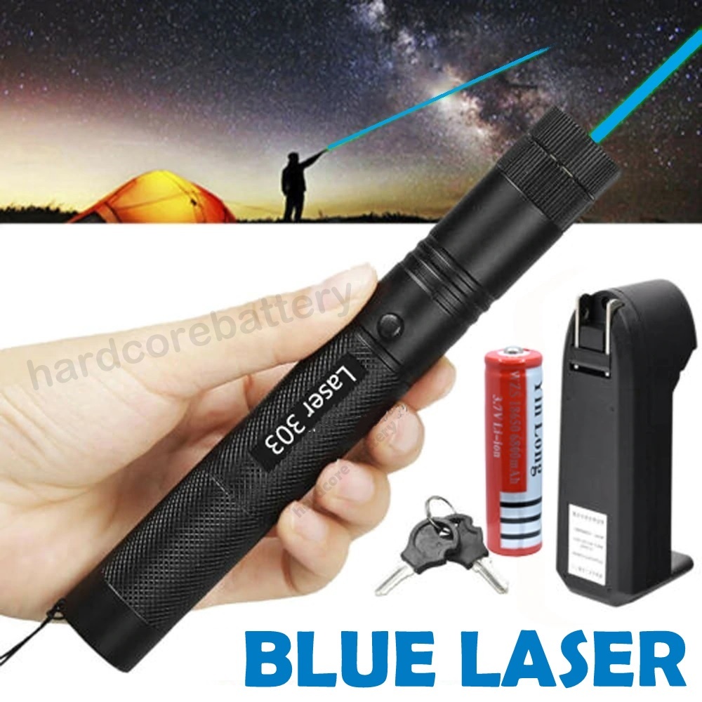 BLUE Laser Pointer 303 อลูมิเนียมปรับ Focus Lazer ไฟสูงเบิร์น 5mW Presenter Long Range 18650 แบตเตอร