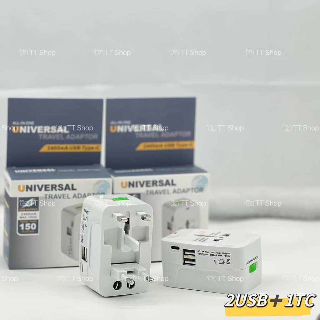 หัวปลั๊กไฟทั่วโลก Travel Universal Adapter 2 USB ➕1TC 5V,2400MA ปลั๊กแปลงขาสำหรับเดินทางใช้ทั่วโลก ซ็อกเก็ตแปลงใหม่