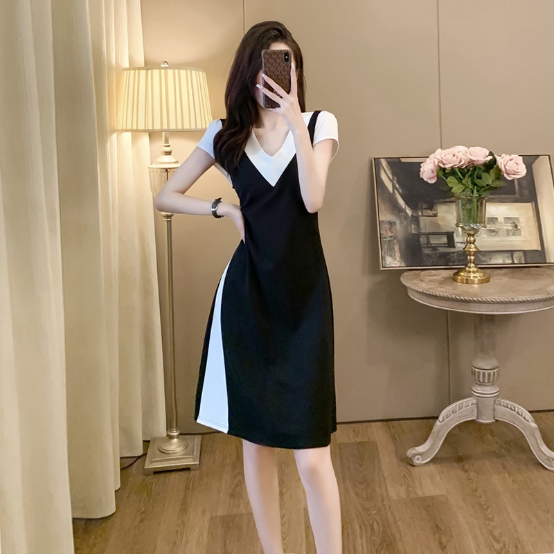 พร้อมส่ง ตัดต่อขาวดำ สไตล์เกาหลี ใส่สบาย สไตล์ทำงาน ชุดเดรสแขนสั้น เดรสเชิ้ตแขนสั้น ทรงใหม่ ทรงเอ