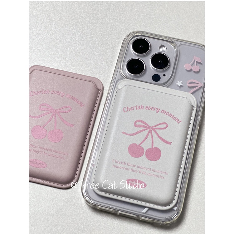 เคสโทรศัพท์มือถือหนัง แบบใส ประดับโบว์เชอร์รี่ มีช่องใส่บัตร สําหรับ 15pro 13pro 14promax 11 12 14 XSMAX