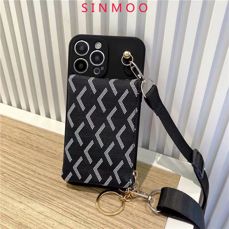 เคสโทรศัพท์มือถือ กันกระแทก แต่งซิป พร้อมช่องใส่บัตร และสายคล้อง คุณภาพดี สีดํา สําหรับ IPhone 15 14 11 12 13 Pro Max X Xs Xr 7 8 Plus