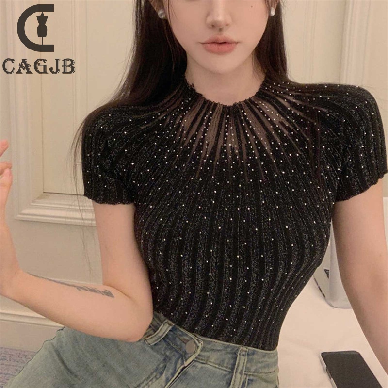 [SSNE] เสื้อยืดลําลอง คอกลม แขนสั้น ผ้าถัก ทรงสลิม ประดับเพชร สําหรับสตรี