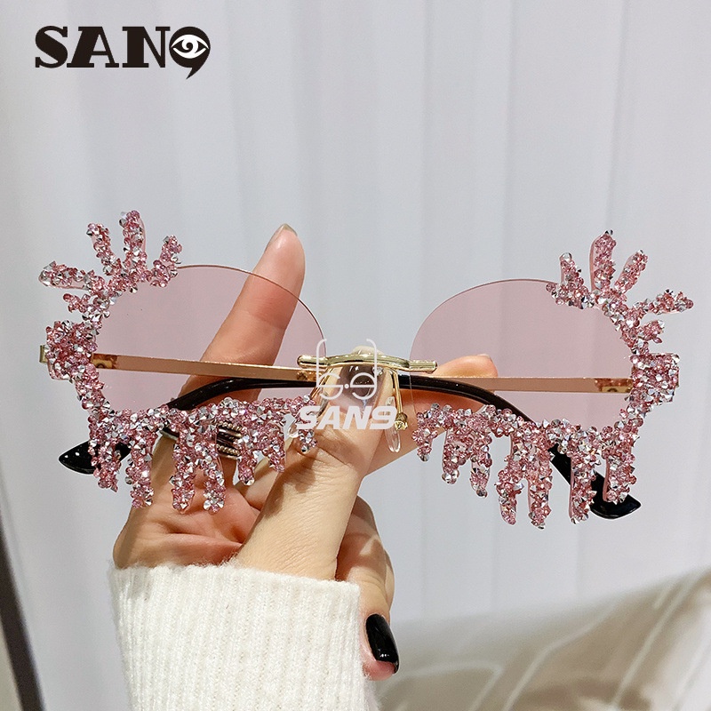 【พร้อมส่ง】COD (San9) แว่นตากันแดดแฟชั่น ประดับพลอยเทียม ทรงหยดน้ํา สําหรับผู้หญิง