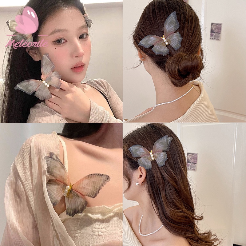 กิ๊บติดผม ผ้าตาข่าย ประดับไข่มุก ผีเสื้อ หรูหรา สําหรับผู้หญิง