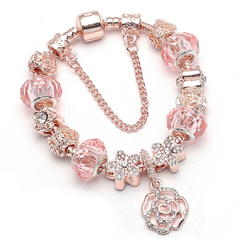 พร้อมส่ง ขายดี สร้อยข้อมือ ประดับลูกปัดเพชร สีโรสโกลด์ DIY สําหรับผู้หญิง