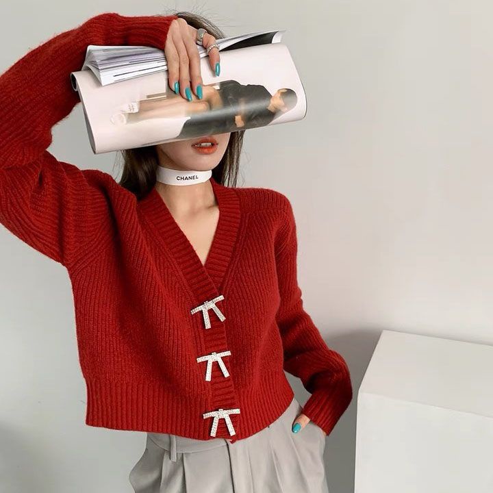 พร้อมส่งจากไทย เสื้อไหมพรมสีแดงผู้หญิงสำหรับคริสต์มาส สไตล์ขี้เกียจ เสื้อสเวตเตอร์ถักวันตรุษจีนผู้หญิง คาร์ดิแกนปีใหม่