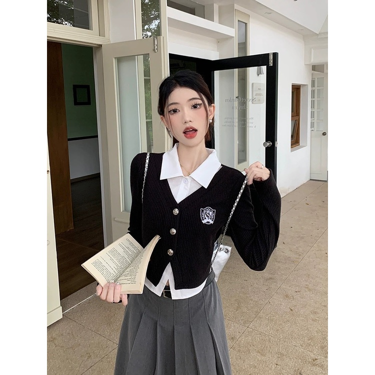 เสื้อครอปกันหนาว แขนยาว คอโปโล ผ้าถัก สีดํา ทรงสลิมฟิต สําหรับผู้หญิง