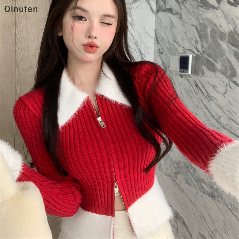 เสื้อคาร์ดิแกนแขนยาว ผ้าถัก แต่งขนเฟอร์ แต่งซิป สีคอนทราสต์ แฟชั่นฤดูใบไม้ร่วง สําหรับผู้หญิง