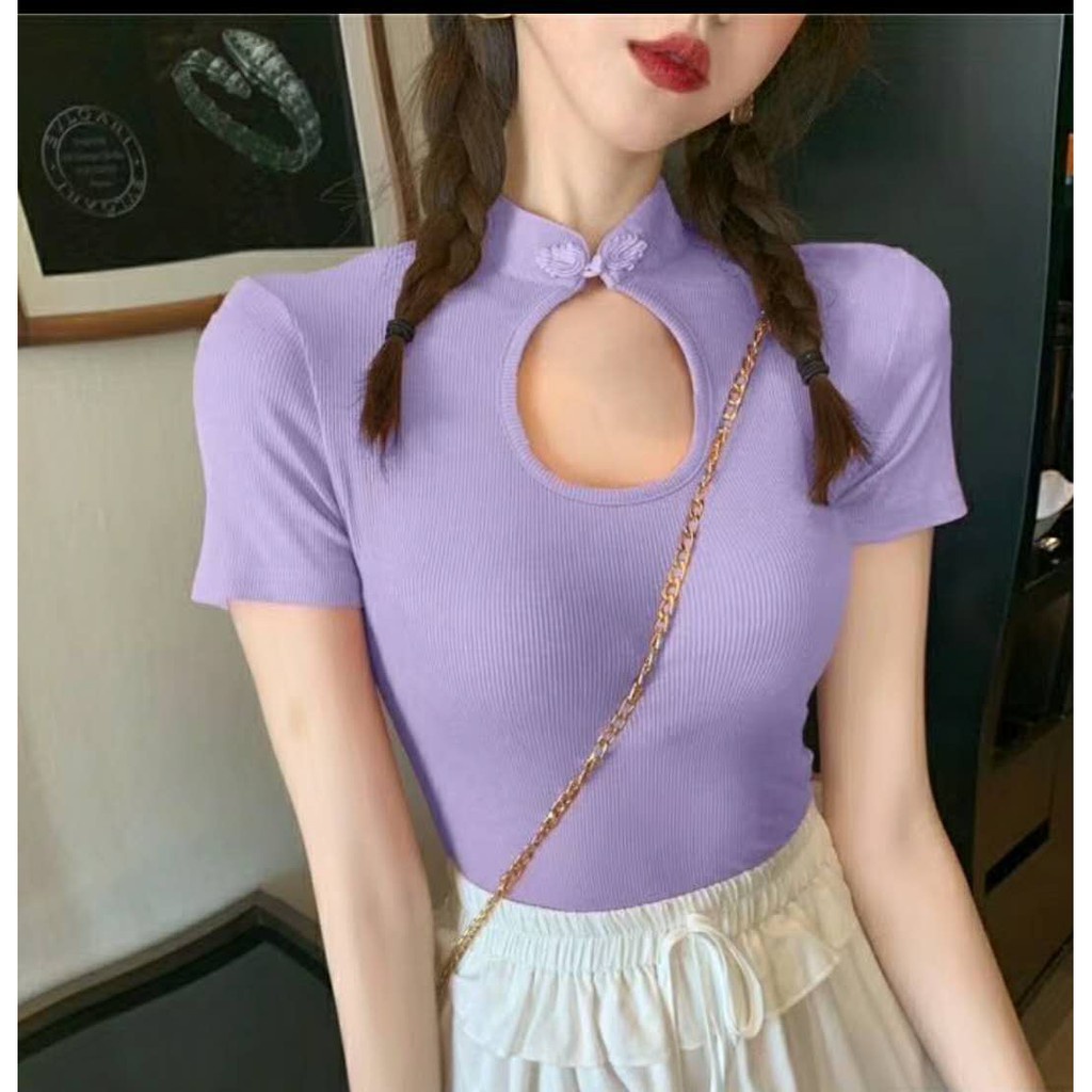 เสื้อไหมพรมคอจีน เว้าหน้าอก ทรงครอป ผ้านิ่ม #B34