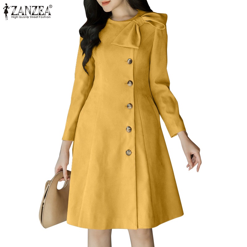 Zanzea ชุดเดรส คอกลม แขนยาว สีพื้น แฟชั่นเกาหลี สําหรับผู้หญิง