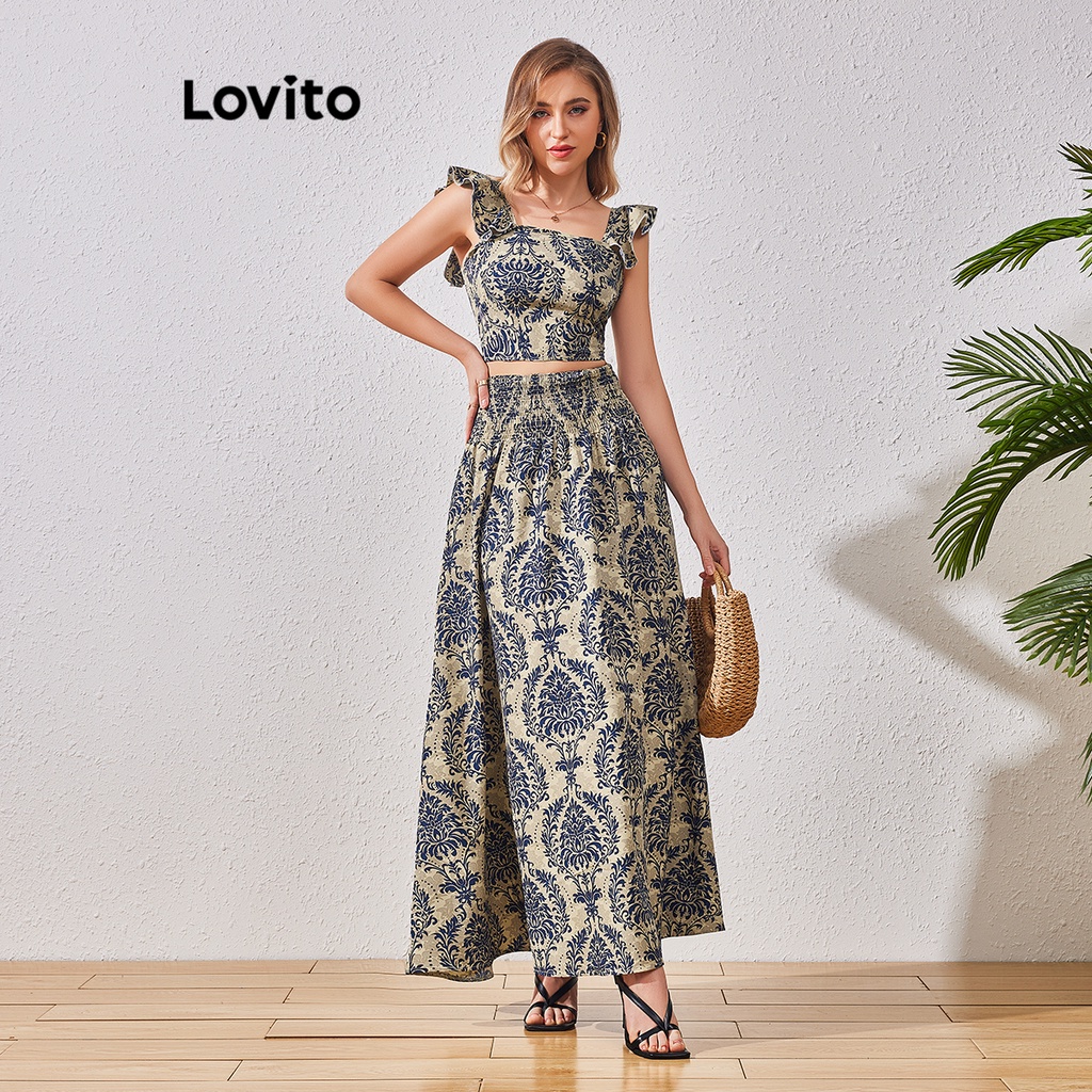 Lovito ชุดเซ็ทกระโปรง พร้อมเสื้อแขนระบาย แต่งสม็อค ลายดอกไม้ สไตล์โบโฮ สำหรับผู้หญิง LBL07023