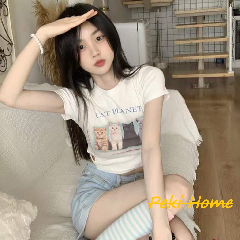 พร้อมส่ง เสื้อครอปเเฟชั่นวินเทจสั้นของผู้หญิง สวมใส่สบาย ใส่เที่ยว