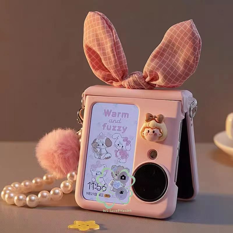 เคสโทรศัพท์มือถือแบบแข็ง ฝาพับ กันกระแทก ประดับโบว์ และไข่มุก สีชมพู พร้อมสายคล้องข้อมือ สําหรับ OPPO Find N3 N2