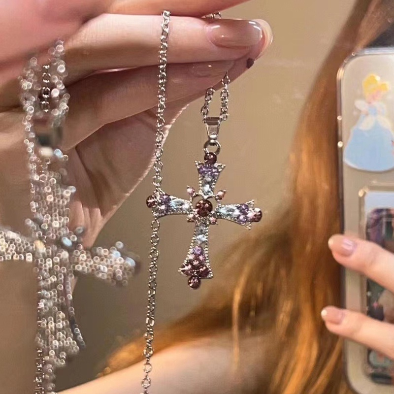ร้านค้าไทย🔥สร้อยคอโซ่จี้ไม้กางเขนหัวใจประดับเพทายสีม่วงสีชมพูสไตล์โกธิคพังก์ Y2Kเครื่องประดับสําหรับผู้หญิ.COD
