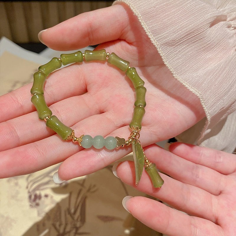 เครื่องประดับ สร้อยข้อมือ กําไลข้อมือ ประดับลูกปัดไม้ไผ่เทียม หรูหรา สามารถปรับได้ สไตล์จีนวินเทจ สําหรับผู้หญิง