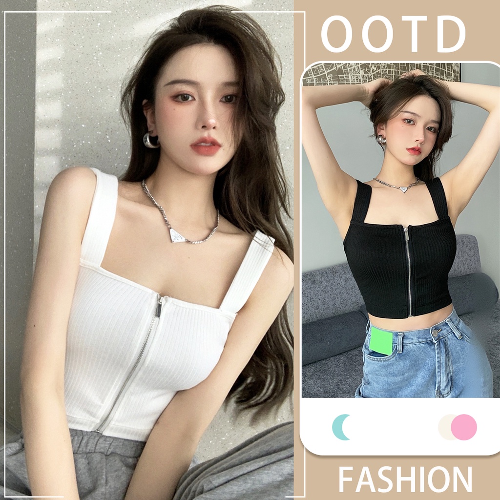MIMI&DIDI เสื้อเอวลอย สายเดี่ยว แต่งซิปด้านหน้า ผ้าร่อง ครอป แฟชั่น สไตล์เกาหลี#2552