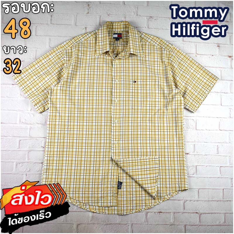 Tommy Hilfiger®แท้ อก 48 เสื้อเชิ้ตผู้ชาย ทอมมี่ ฮิลฟิกเกอร์ สีเหลือง แขนสั้น เนื้อผ้าดี