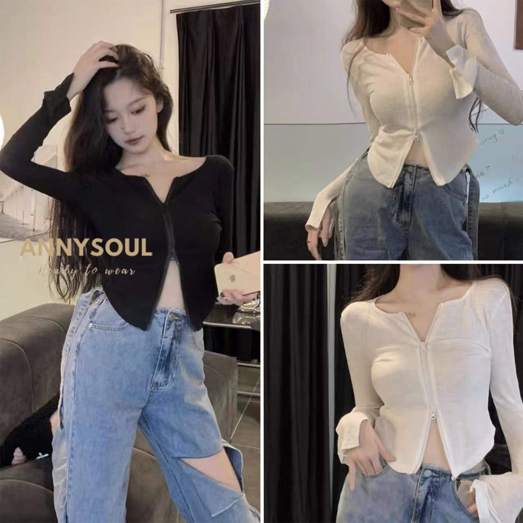 เสื้อครอปแขนยาว แต่งซิปด้านหน้า ใส่เที่ยวได้เก๋ๆ