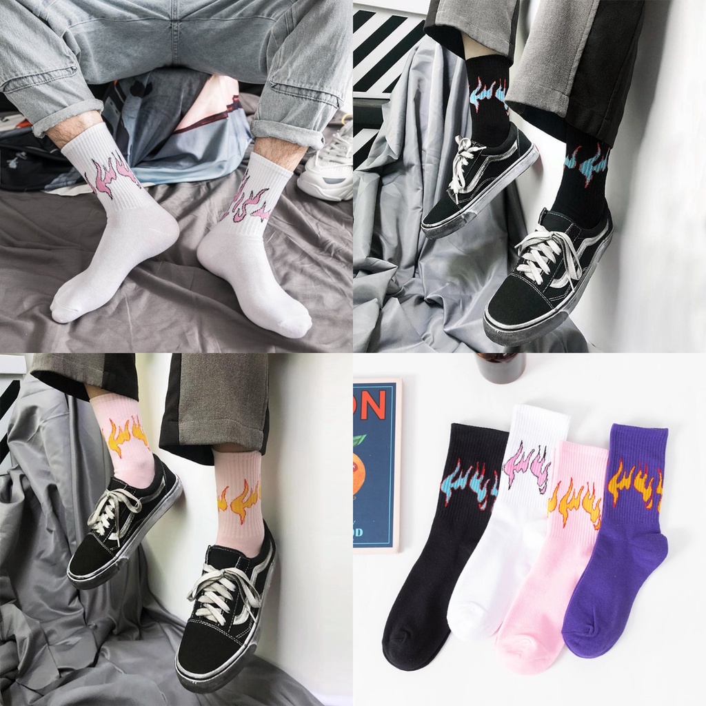 ถุงเท้ากีฬา ผ้าฝ้าย ลายเปลวไฟ สีขาว สไตล์ฮิปฮอป แฟชั่นสําหรับชาย และหญิง