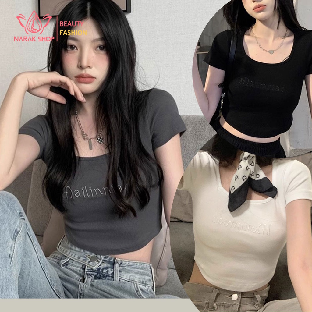 เสื้อยืดคอเหลี่ยมแขนสั้น เเต่งเอวลอย สีพื้น สไตล์เกาหลี